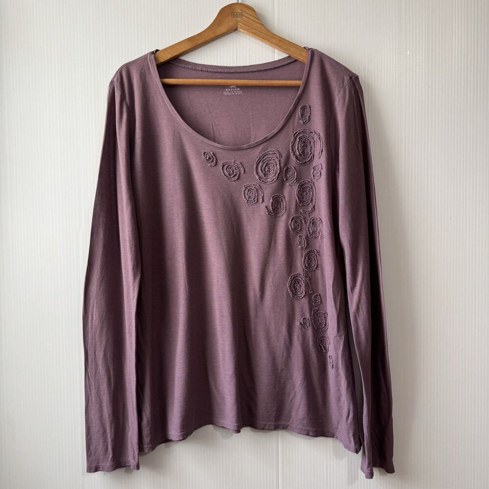 Horny Toad Organic Cotton Long Sleeve Top Embroidered Spiral Floral Mauve Sz M